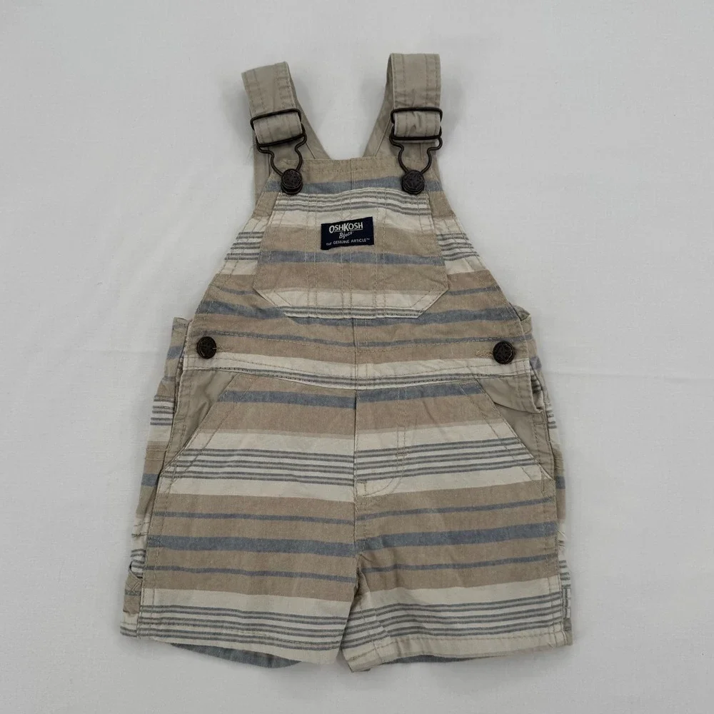 OshKosh B'gosh Shortalls Kids Size 9M Tan Blue Striped Vestbak Cotton Overalls